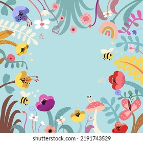 Banner de resorte floral con el espacio para tu texto. Abeja, flores, plantas, conejos bonitos y conejitos en tonos pastel. Afiche minimalista moderno, tarjeta de saludo, cabecera del sitio web