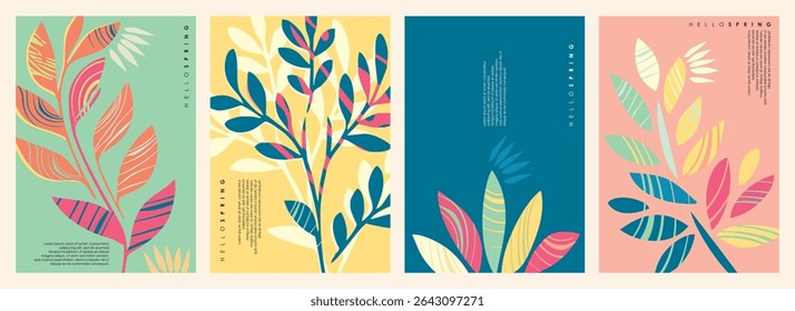 Floral spring banners collection with various plants and leaves. Seasonal posters vector design set.