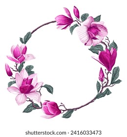 Floral spring botanical frame in a round shape with realistic Pink Magnolia flowers. The hand-drawn branches are arranged in an elegant frame for your product design.