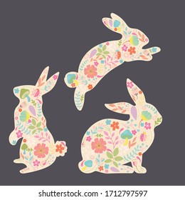 Floral Spring Bunnies Vector Decorative Isolated Element Set