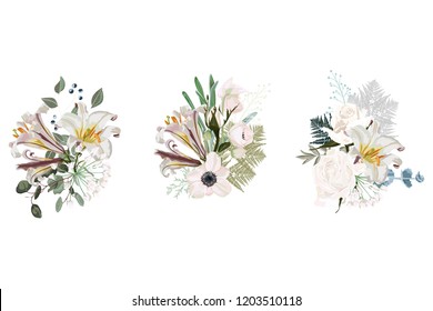 Floral spring card composition set for poster graphic design with roses, anemones, white lilies, eucalyptus and succulents. Romantic decorative bouquet. 