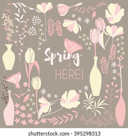 Floral spring card design, with hand drawn flowers, floral elements and monarch butterflies, vector illustration