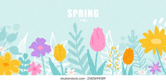 Floral spring card or poster featuring wildflowers, tulips. Hand drawn template is perfect for celebrating Womens Day on March 8, birthdays and Mothers Day. Vector texture illustration.