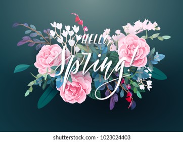 Floral spring card or poster graphic design with pink roses, white flowers, exotic leaves, eucalyptus and succulents. Romantic decorative bouquet. Vector illustration.