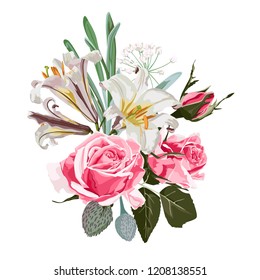 Floral spring card or poster graphic design with pink roses, white lilies, eucalyptus and succulents. Romantic decorative bouquet. 