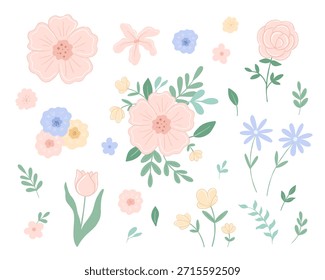 Coleção de primavera floral com buquês de tulipas, margaridas selvagens e flores de prados. Conjunto vetorial com folhas pastel para cartões de aniversário, cartazes e desenhos modernos de cottagecore gráfico.