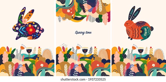 Floral spring colourful trendy background and wallpaper with decorative bunny