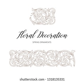 Floral spring decoration. Arabic and Eastern motifs. Vector ornate illustration, flower garland and wreath. Outline, line art, monoline elements. Image for coloring books.