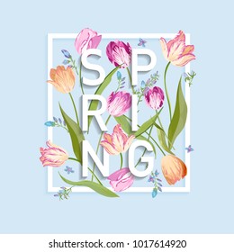 Diseño de primavera floral para tarjeta, pancarta de venta, afiche, camiseta impresa. Fondo con Tulipanes Florecientes. Ilustración del vector