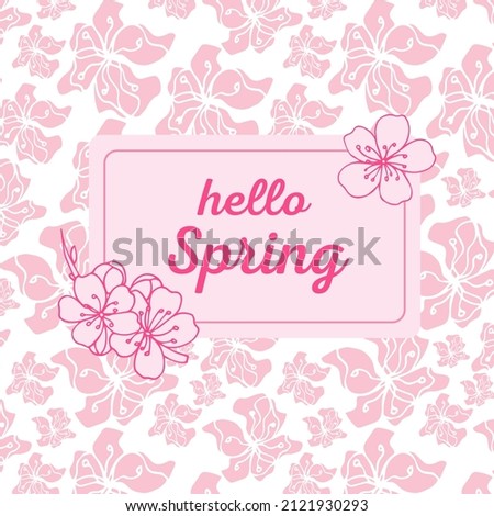Floral Spring Design with Cherry Blossom Flowers in the white rectangular frame on a pink background and text Hello spring