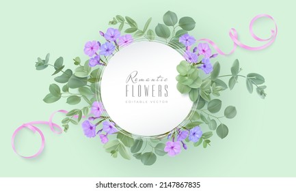 Diseño de resorte floral con flores Phlox pastel, hojas de eucaliptos verdes y cinta. Etiqueta de forma redonda con espacio para texto. Plantilla de venta de pancartas o volantes. Ilustración del vector