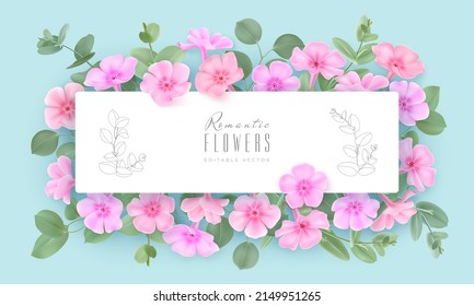 Floral spring design with pastel Phlox flowers, green eucaliptus leaves. Horizontal tag with space for text. Banner or flyer sale template. Vector illustration