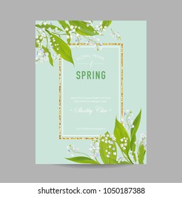 Floral Spring Design Template with Golden Frame for Wedding Invitation, Greeting Card, Sale Banner, Poster, Placard, Cover. Spingtime Background with Lily Flowers. Vector illustration