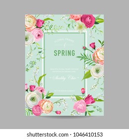 Floral Spring Design Template for Wedding Invitation, Greeting Card, Sale Banner, Poster, Placard, Cover. Spingtime Background with Pink Flowers. Vector illustration