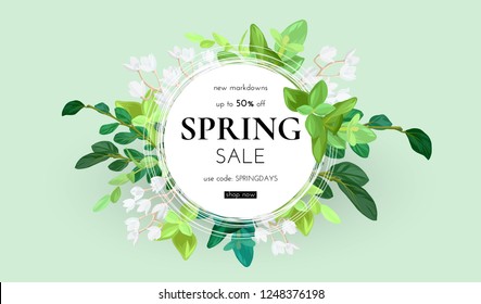 Spring sale vector banner design with colorful leaves and flowers in white  background for spring seasonal discount promotion. Vector illustration.