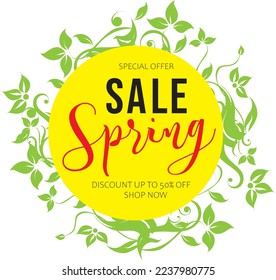 Floral spring design with white flowers, green leaves, eucaliptus and succulents. Round shape with space for text. Banner or flyer sale template