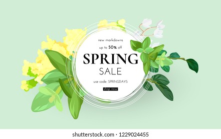 Floral spring design with white and yellow flowers, green leaves, eucaliptus and succulents. Round shpe with spase for text. Banner or flyer template, vector illustration.