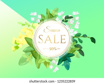 Floral spring design with white and yellow flowers, green leaves, eucaliptus and succulents on bright background. Round template for sale banner or flyer. Vector illustration.