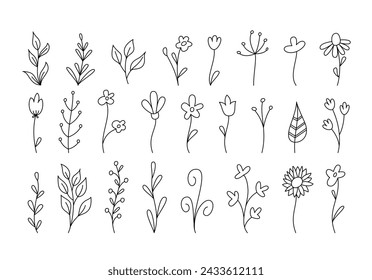 Floral Spring Doodles Editable Stroke Set. Hand Drawn Monoline Summer Flowers Black and White. Cute Simple Flora Collection.