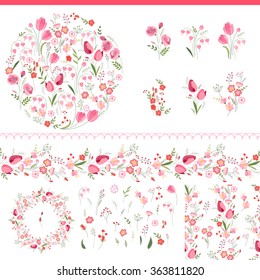 Floral spring elements with cute bunches of tulips and roses. Endless horizontal  pattern brush. For romantic and easter design, announcements, greeting cards, posters, advertisement.