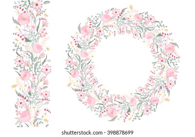 Floral spring elements with cute bunches of poppy and wild spring flowers. Endless pattern brush. For romantic and wedding design, announcements, greeting cards, posters, advertisement.