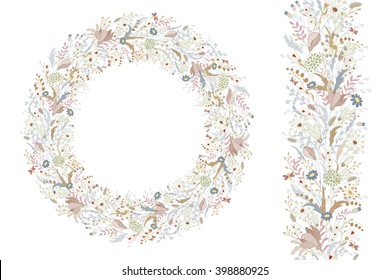 Floral spring elements with cute bunches of poppy and wild spring flowers. Endless pattern brush. For romantic and wedding design, announcements, greeting cards, posters, advertisement.