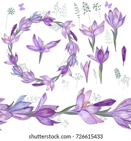 Floral spring elements with cute bunches of crocus and herbs. Endless horizontal  pattern brush. For romantic and easter design, announcements, greeting cards, posters, advertisement.