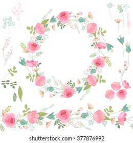 Floral spring elements with cute red and pink roses. Round frame, endless pattern brush. Template for  romantic and wedding design, announcements, greeting cards, posters, advertisement.