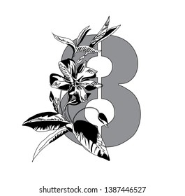 Floral spring font. Prom. The number eight with a cute bouquet of primroses. March 8