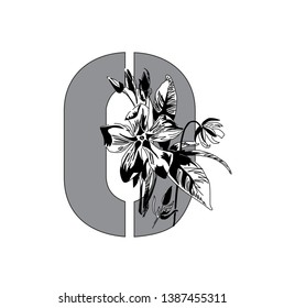 Floral spring font. Prom. The number zero with a cute bouquet of primroses.