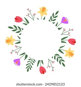 Floral spring frame with place for text. Tulips, narcissus, crocus, greenery. Template for invitation, greeting card. Great for birthday, mom's day, wedding. Background, wreath.