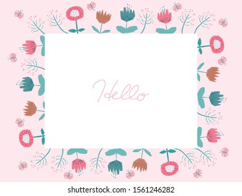 Floral spring frame, vector template, Hello