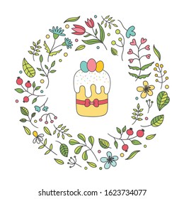 Floral spring frame.Easter cake, eggs, postcard. Decor plants, flowers, twigs, leaves, Tulip, chamomile, cornflower, rose hip.Vector Doodle illustration on a white background.