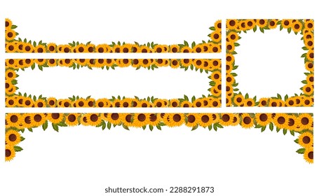 Floral spring frames with sunflower flowers. Summer vector border isolated white background cartoon style.