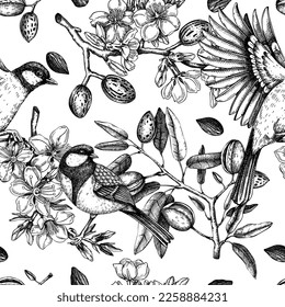 Floral spring garden seamless pattern. Birds on almond branches vintage background design. Great tit with blooming twigs, nuts, flowers, leaves backdrop. Wildlife vector illustration for prints