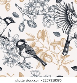 Floral spring garden seamless pattern. Birds on almond branches vintage background design. Great tit with blooming twigs, nuts, flowers, and leaves backdrop. Wildlife vector illustration for prints