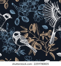 Floral spring garden seamless pattern. Birds on almond branches dark background design. Great tit with blooming twigs, nuts, flowers, leaves backdrop. Wildlife vector illustration for prints