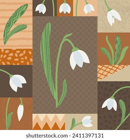 Floral spring geometric card. Snowdrop flowers vector icons. Trendy botany background illustration. White winter flowers in flat style with painted texture. blooming plants in brown boho palette
