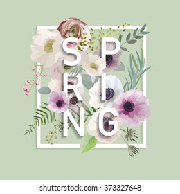 Floral Spring Graphic Design - with Anemone Flowers - for t-shirt, fashion, prints - in vector