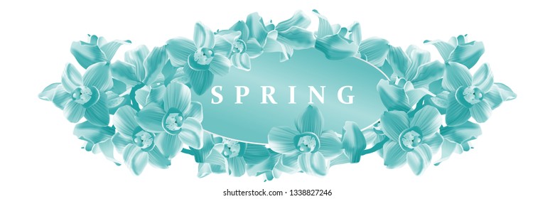 Floral Spring Graphic Design  background with beautiful flowers. Blossom orchid Flowers for Fashion Print, Poster, T-shirt, Banner, Greeting Card, Invitation. Round shape with space for text.