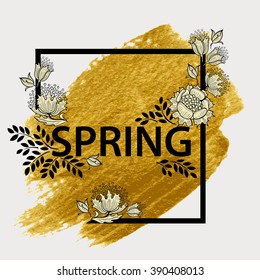 Floral Spring Graphic Design. Chic floral frame. Gold paint in black square.