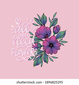 Floral Spring Graphic Design - with Colorful Flowers, lettering.  
Vector Illustration for March 8, birthday, mothers day