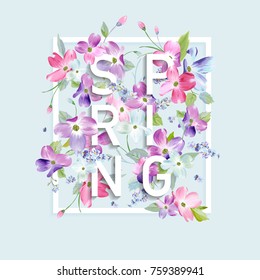 Floral Spring Graphic Design with Dogwood Blossom Flowers for Fashion Print, Poster, T-shirt, Banner, Greeting Card, Invitation. Vector illustration 