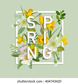 Floral Spring Graphic Design - With Narcissus Flowers - For T-shirt, Fashion, Prints - In Vector