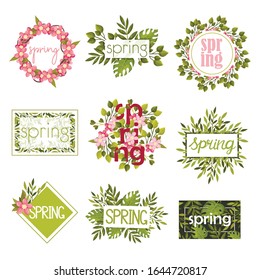 Floral Spring Graphic Rectangular and Circular Frames and Borders with Green Twigs Vector Set