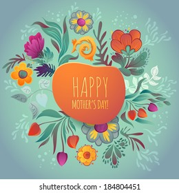 Floral Spring Greeting Card. Happy Birthday or Happy Mother's Day! Leaves, Flowers and Drops for Your Romantic Design