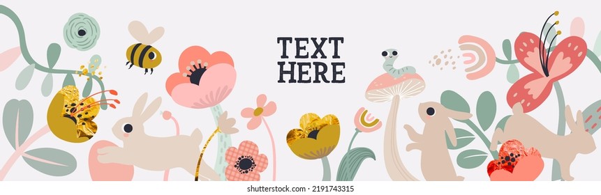 Floral spring horizontal banner. Bee, flowers, plants, cute rabbits and bunnies in pastel colors. Modern minimalist poster, greeting card, header for website