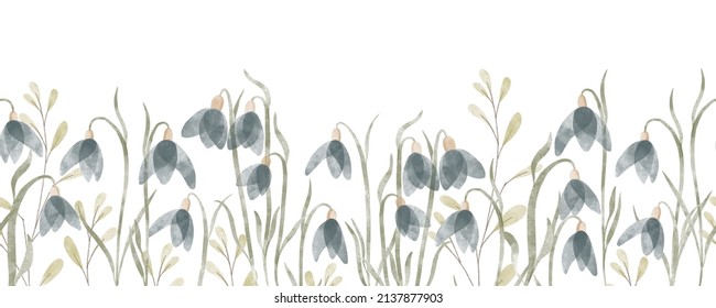 Floral spring horizontal pattern with snowdrops flowers. Watercolor hand drawn isolated illustration border, meadow or floral background for your design.