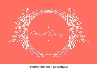 Floral spring invitation frame on coral background. Floral design element. Floral logo or icon