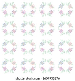 Floral spring pattern in pastel colors. Flowers, leaves, twigs pink blue, white background, tablecloths, napkins, cards, textiles, fabrics, scarf, carpet, gift wrapping paper, packaging, cove